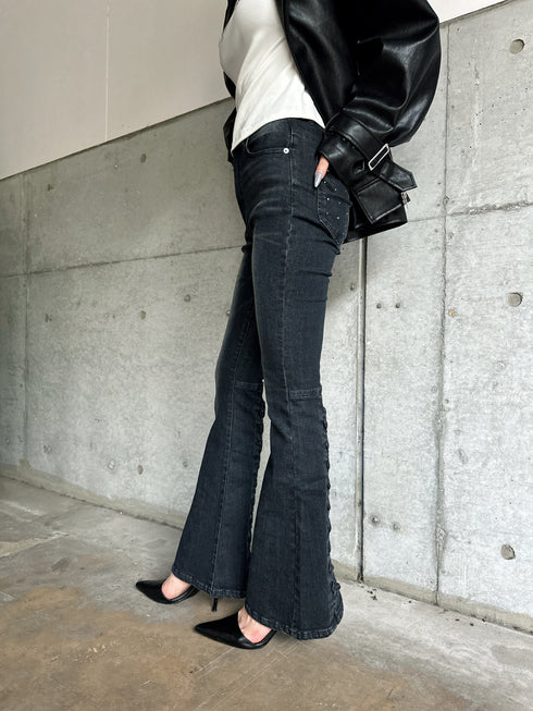 裾レースアップフレアパンツ