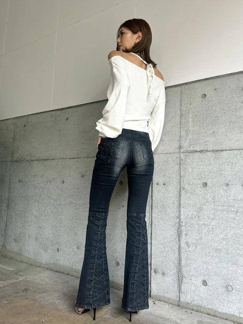 裾レースアップフレアパンツ