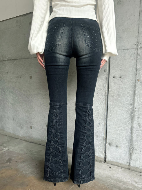 裾レースアップフレアパンツ