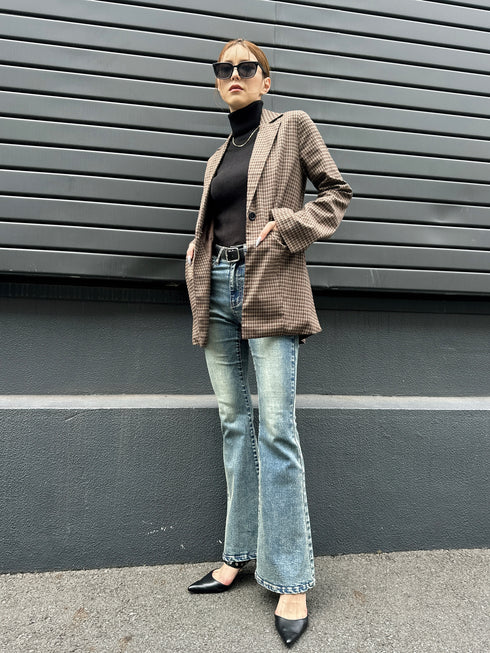 フレアスリーブチェック柄シングルジャケット