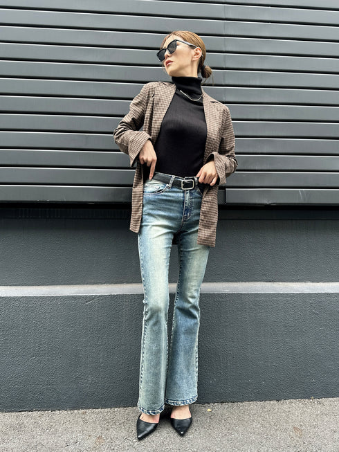 フレアスリーブチェック柄シングルジャケット