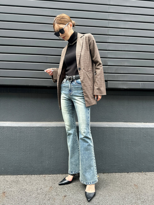 フレアスリーブチェック柄シングルジャケット