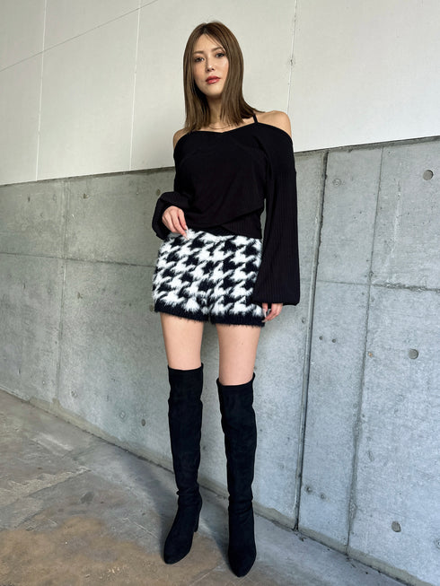 千鳥柄シャギーニットショートパンツ