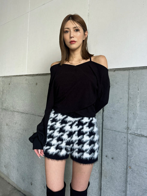 千鳥柄シャギーニットショートパンツ