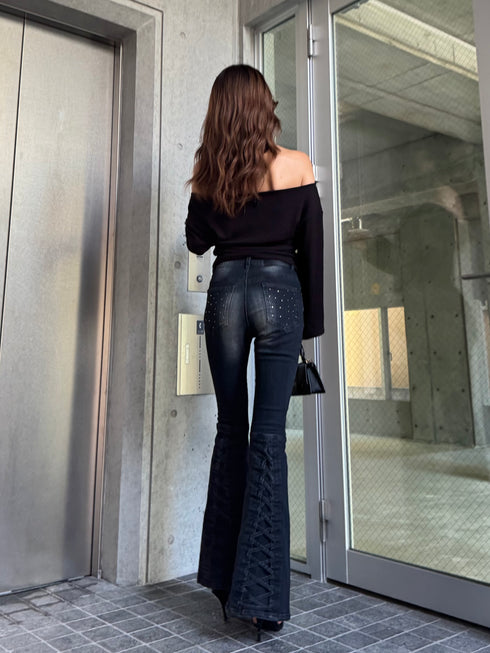 裾レースアップフレアパンツ