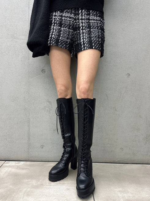 フェイクレザーレースアップロングブーツ