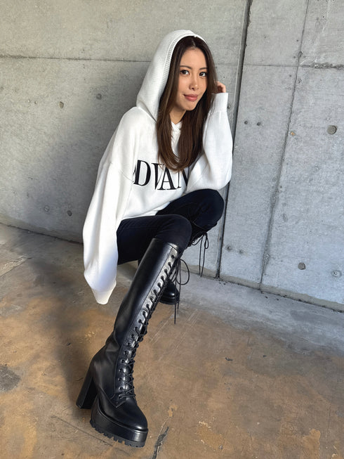 フェイクレザーレースアップロングブーツ