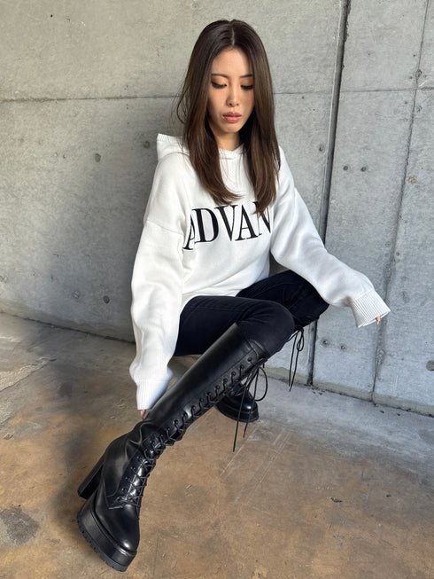 フェイクレザーレースアップロングブーツ