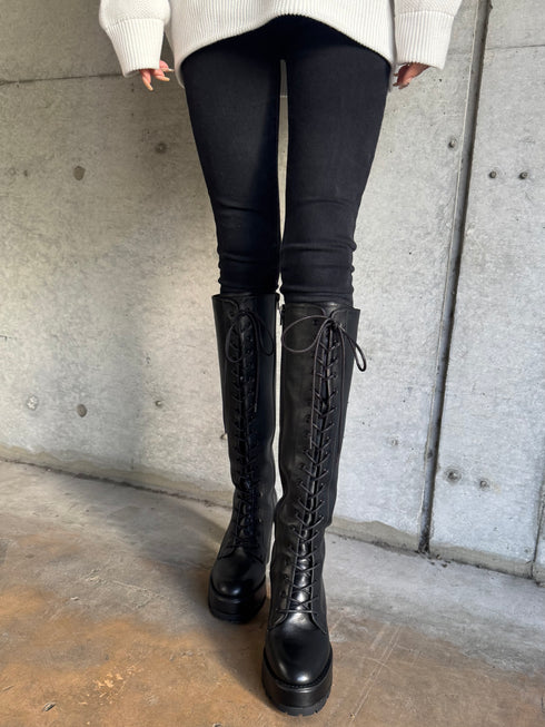 フェイクレザーレースアップロングブーツ