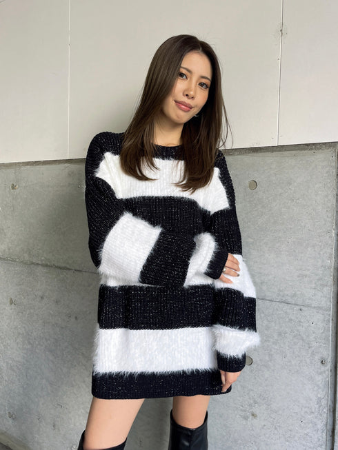 シャギーラメボーダーニットトップス