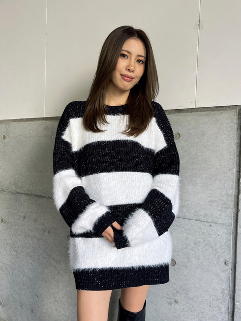 シャギーラメボーダーニットトップス