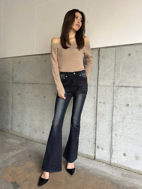 端シャギータイトオフショルニットトップス