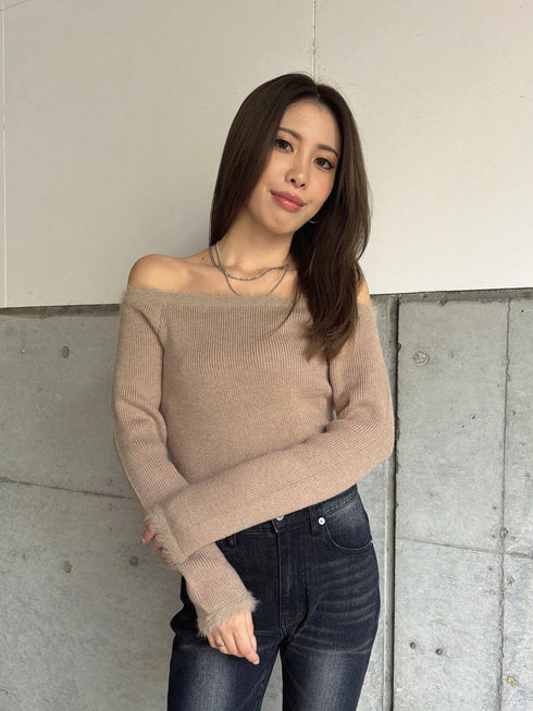 端シャギータイトオフショルニットトップス