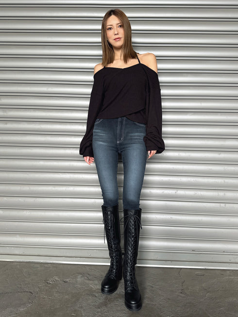 フェイクレザーレースアップロングブーツ