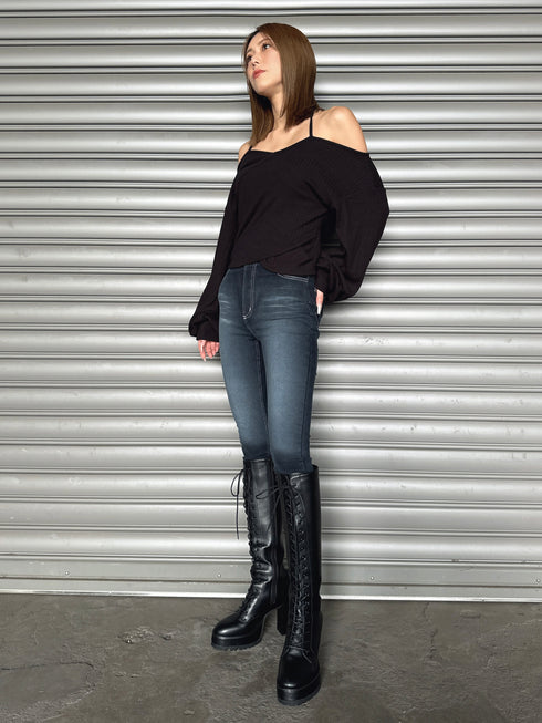 フェイクレザーレースアップロングブーツ