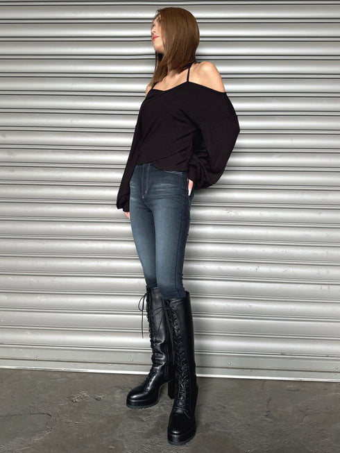 フェイクレザーレースアップロングブーツ