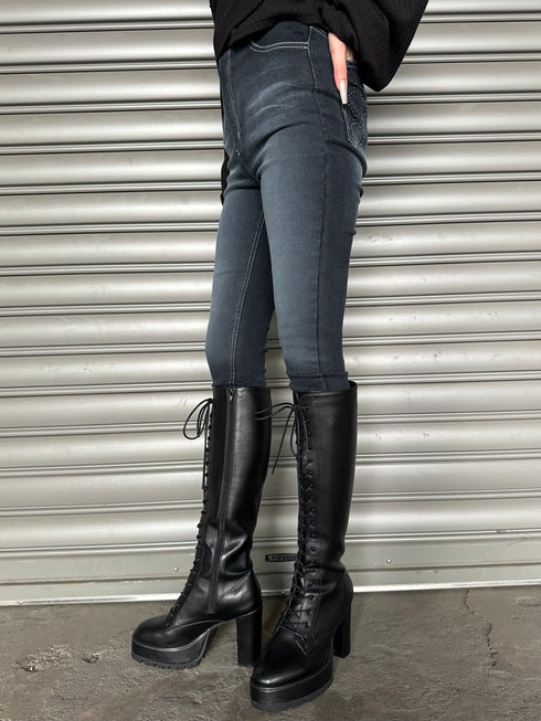 フェイクレザーレースアップロングブーツ