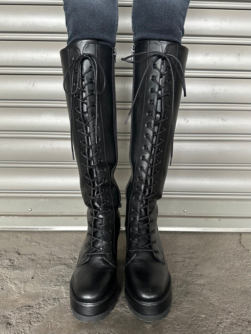 フェイクレザーレースアップロングブーツ
