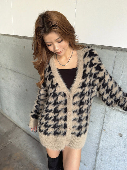 千鳥柄シャギーニットカーディガン