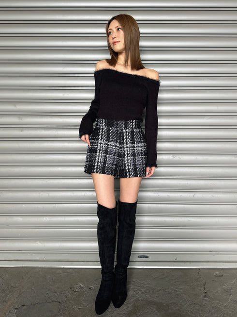 端シャギータイトオフショルニットトップス