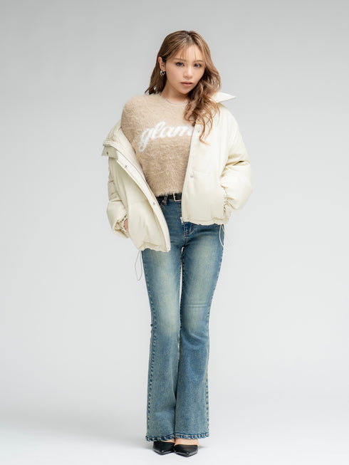 スタンドカラーフェイクレザー中綿ジャケット