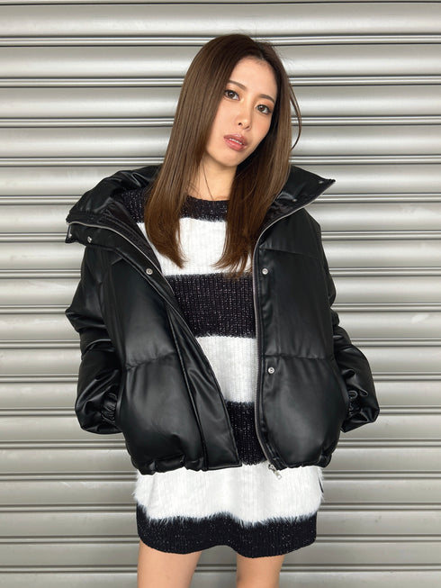 スタンドカラーフェイクレザー中綿ジャケット