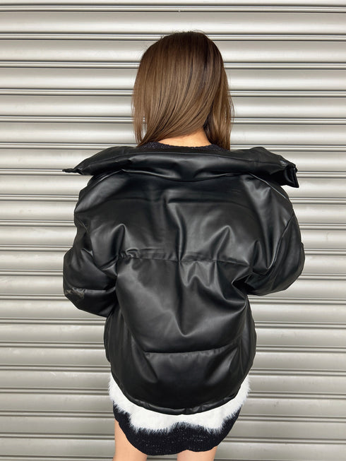 スタンドカラーフェイクレザー中綿ジャケット