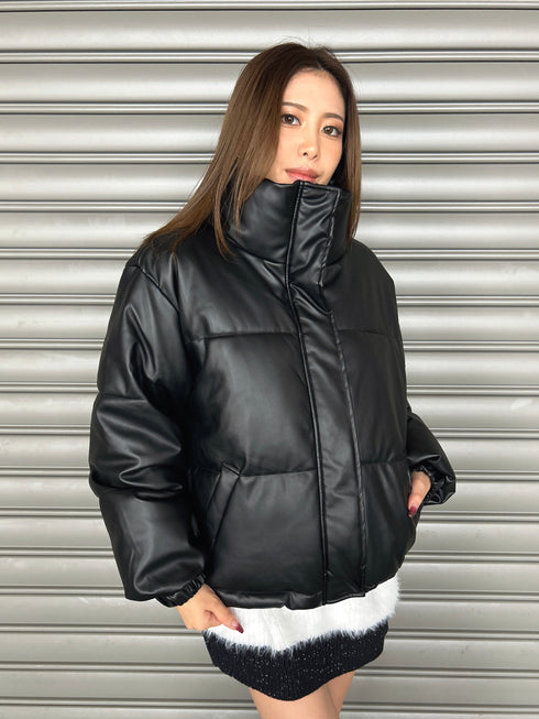 スタンドカラーフェイクレザー中綿ジャケット