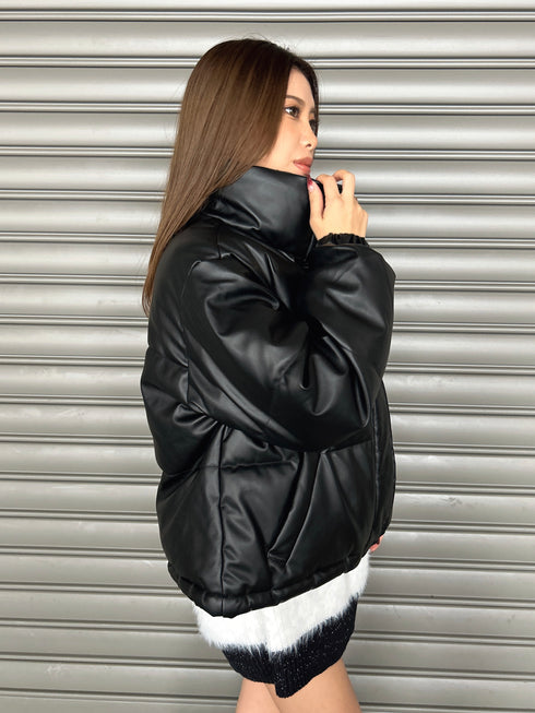 スタンドカラーフェイクレザー中綿ジャケット