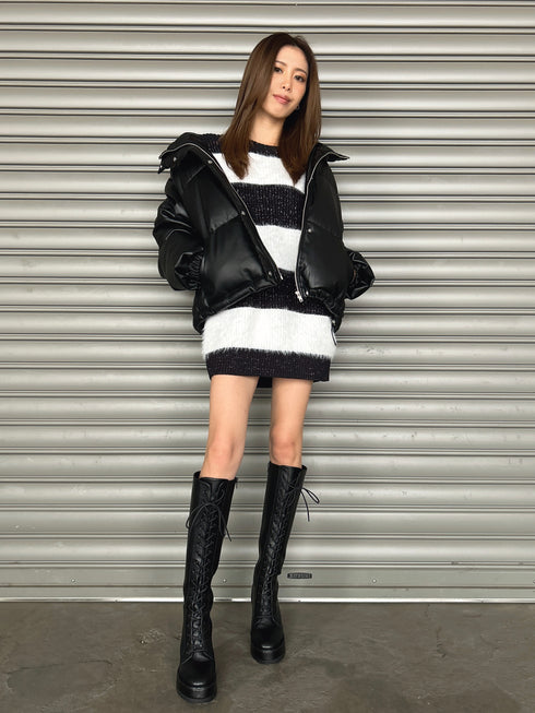 スタンドカラーフェイクレザー中綿ジャケット