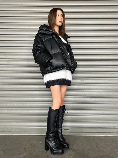 スタンドカラーフェイクレザー中綿ジャケット