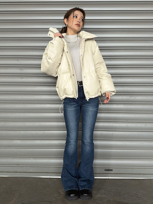 スタンドカラーフェイクレザー中綿ジャケット