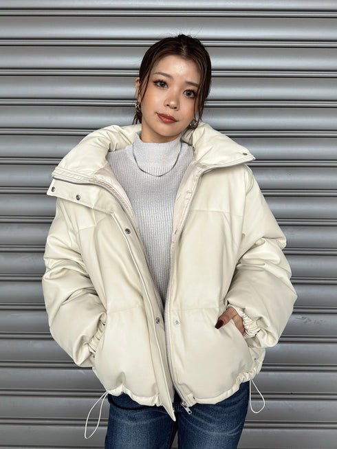 スタンドカラーフェイクレザー中綿ジャケット