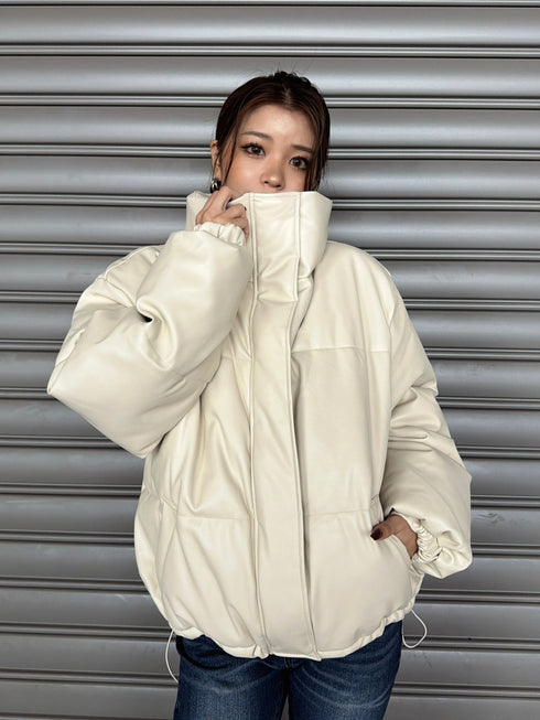 スタンドカラーフェイクレザー中綿ジャケット