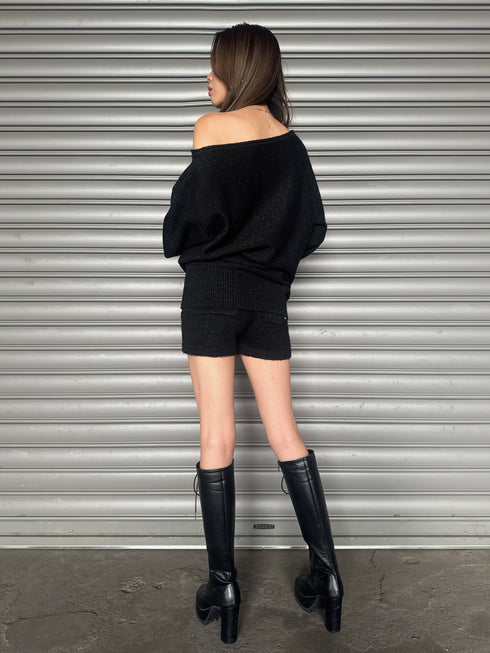 プレート付ワンショルラメニットトップス