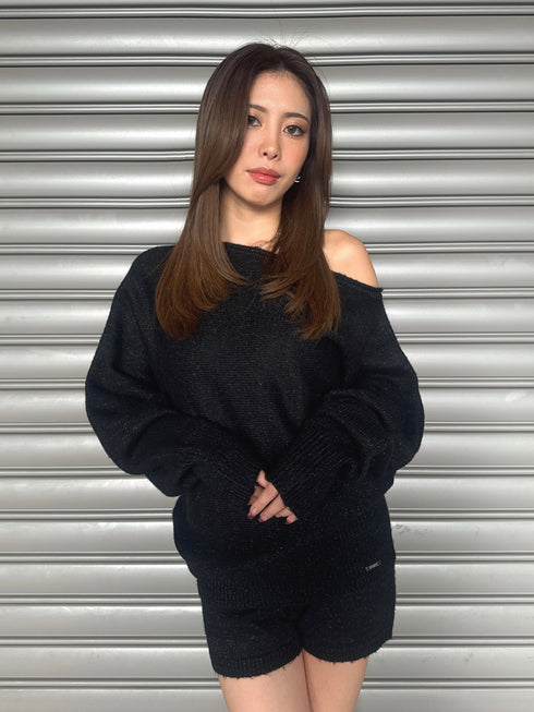 プレート付ラメニットショートパンツ