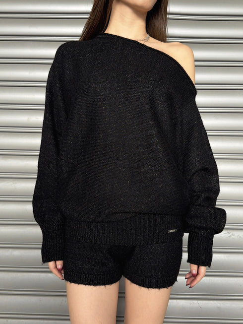 プレート付ワンショルラメニットトップス