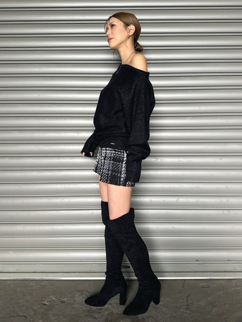 プレート付ワンショルラメニットトップス