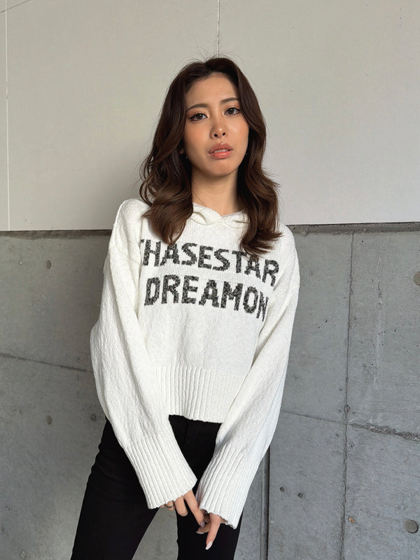 ロゴフード短丈ニットトップス