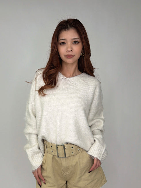 Vネックロングシャギーニットトップス
