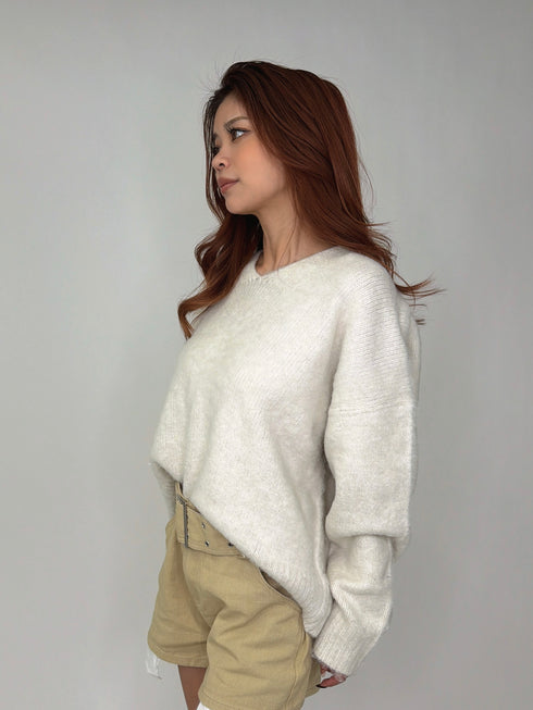 Vネックロングシャギーニットトップス