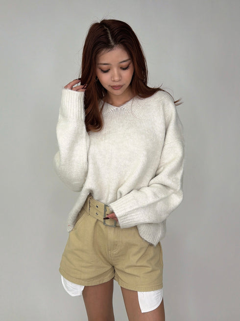 Vネックロングシャギーニットトップス