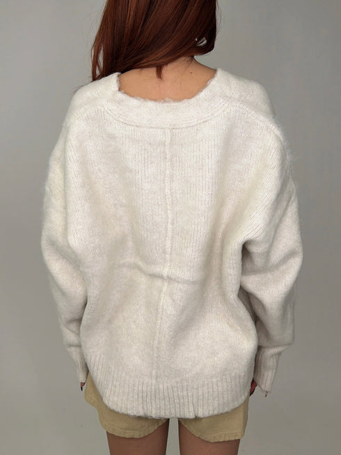 Vネックロングシャギーニットトップス
