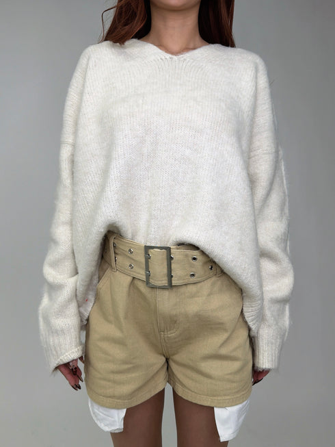 Vネックロングシャギーニットトップス