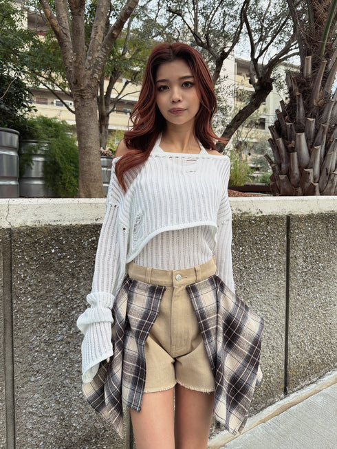 チェックシャツドッキングツイルショートパンツ