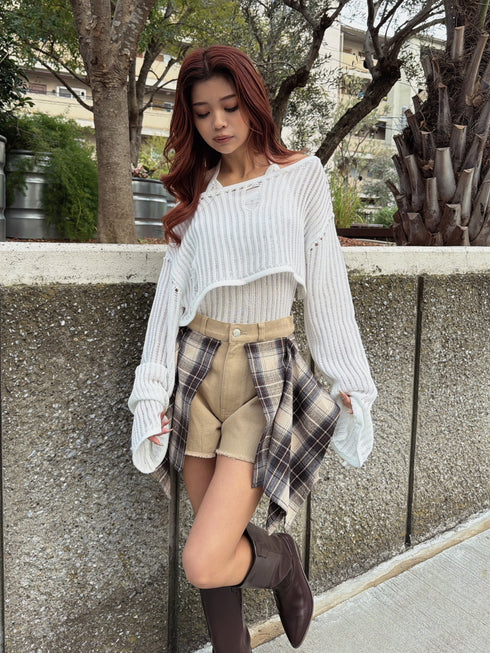 チェックシャツドッキングツイルショートパンツ