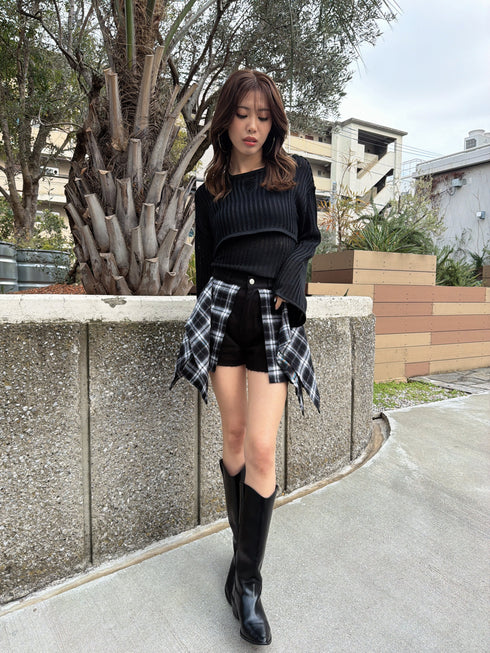 チェックシャツドッキングツイルショートパンツ