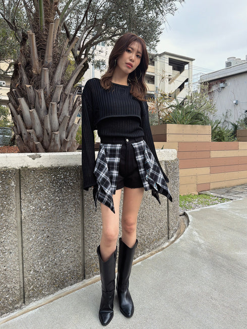 チェックシャツドッキングツイルショートパンツ