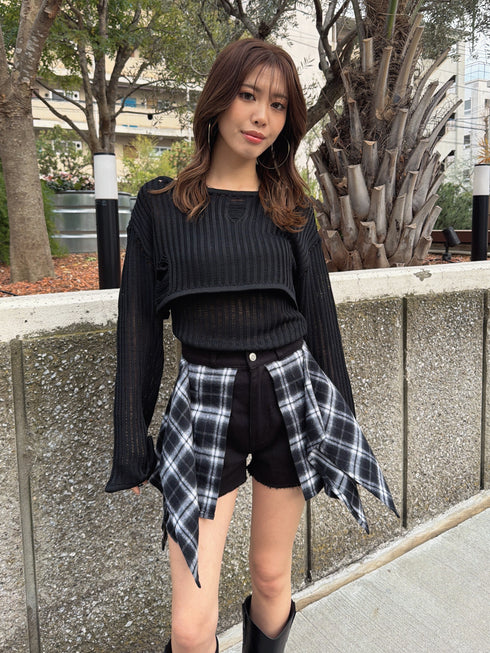 チェックシャツドッキングツイルショートパンツ