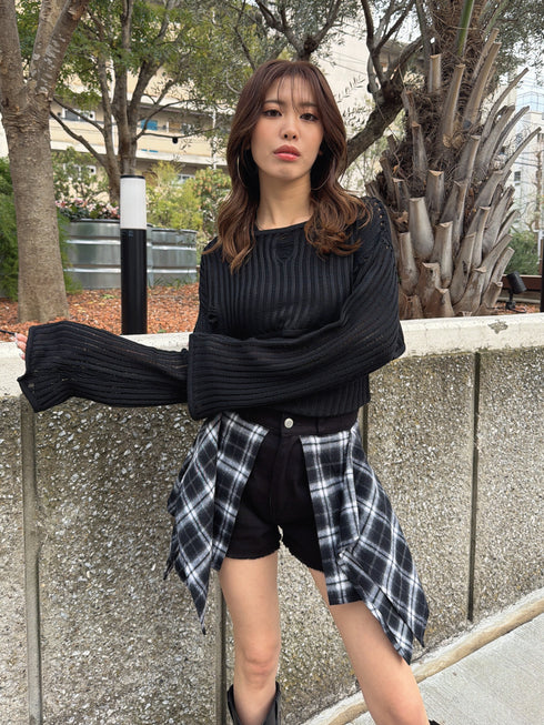 チェックシャツドッキングツイルショートパンツ